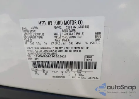 2018 Ford Explorer Xlt z USA, uszkodzony, nr VIN 1FM5K8D85JGB25028